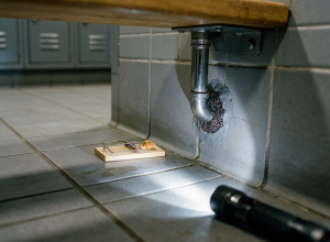 gym-locker-room-rodent-exclusion-sealed-pipe-gap-snap-trap